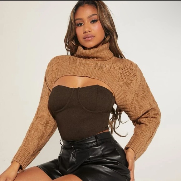 NWT Funnel Neck Cable Knit Crop Bolero Sweater - Picture 2 of 8